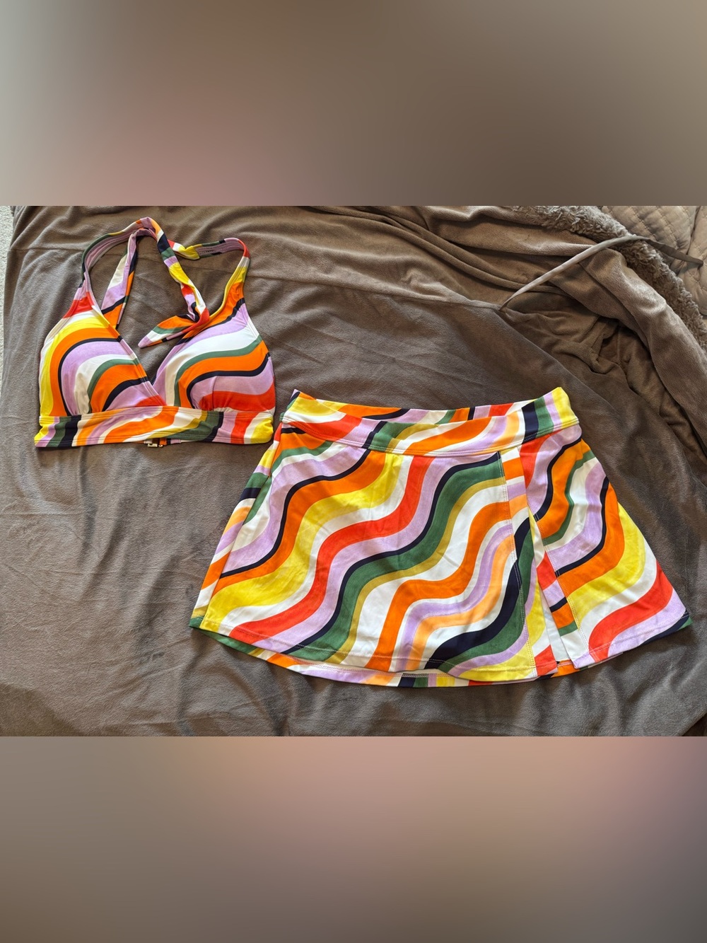 Anne Cole skirted Bikini Bottom with Multicolor Print Accent Halter Top XL/D